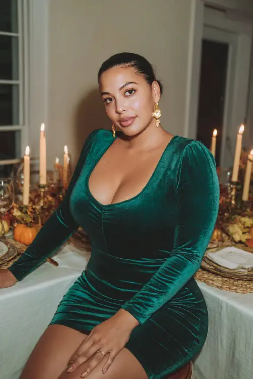A curvy woman in a fitted emerald green velvet bodycon dress with long sleeves, accessorized with gold earrings and stiletto heels 