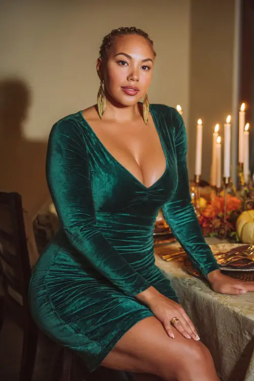 A curvy woman in a fitted emerald green velvet bodycon dress with long sleeves, accessorized with gold earrings and stiletto heels, seated at a candlelit dinner table with autumn décor