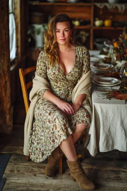A curvy woman in a midi wrap dress with floral prints, paired with ankle boots and a cardigan draped over her shoulders, seated at a rustic fall dinner table 