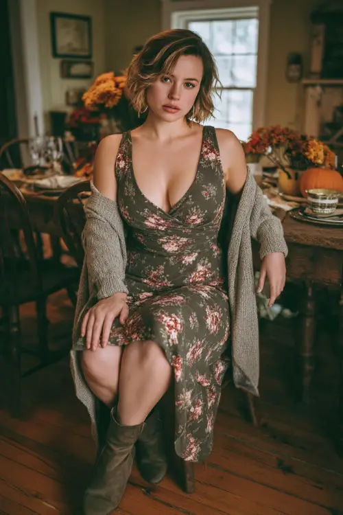 A curvy woman in a midi wrap dress with floral prints, paired with ankle boots and a cardigan draped over her shoulders, seated at a rustic fall dinner table