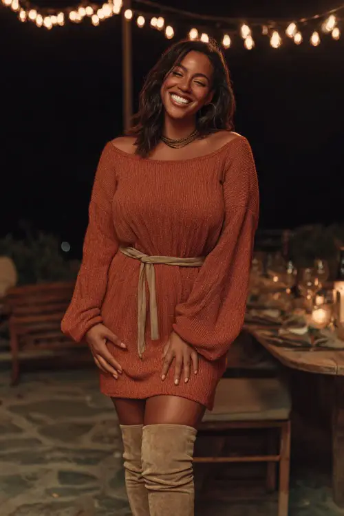 A curvy woman in a rust-colored sweater dress with a belt, paired with knee-high suede boots, laughing at an outdoor dinner patio with glowing string lights 
