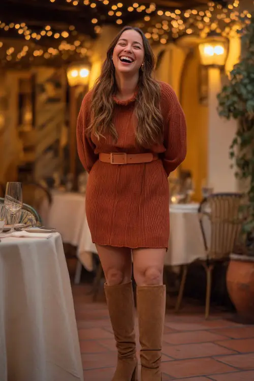 A curvy woman in a rust-colored sweater dress with a belt, paired with knee-high suede boots, laughing at an outdoor dinner patio with glowing string lights