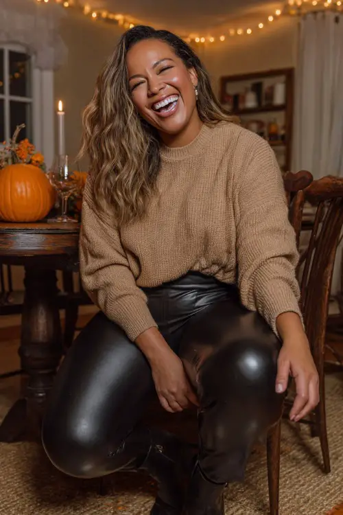 A curvy woman in black faux leather leggings, an oversized camel sweater, and block-heeled boots, laughing while seated at a cozy dinner table with pumpkins and fall lights