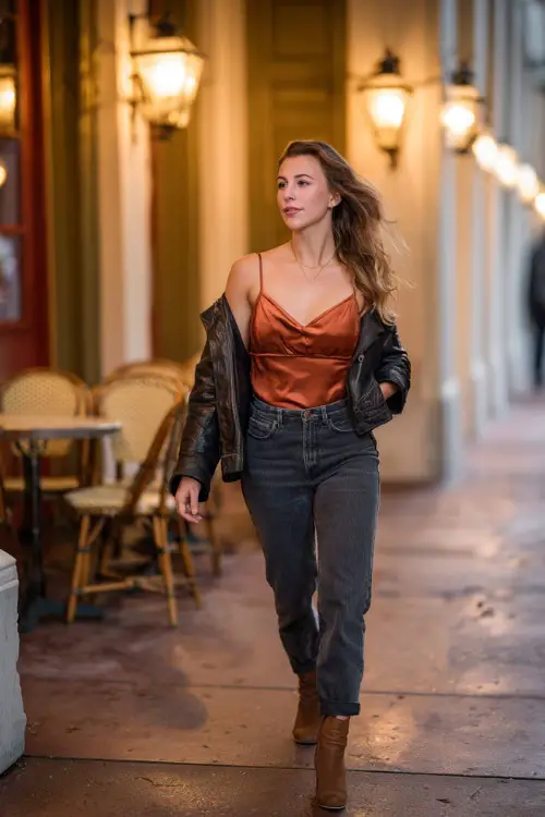 A curvy woman in cropped straight-leg jeans with a rust-colored satin camisole layered under a leather jacket, paired with ankle boots, walking near a lantern-lit sidewalk café