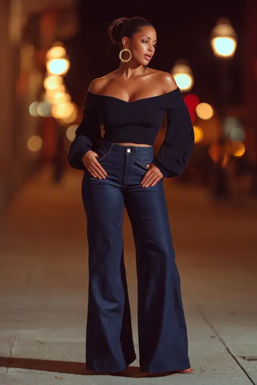 A curvy woman in dark blue flare jeans with a fitted off-shoulder sweater and block heels, accessorized with statement earrings, posing on a glowing fall street after dinner 