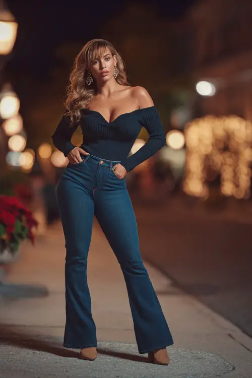 A curvy woman in dark blue flare jeans with a fitted off-shoulder sweater and block heels, accessorized with statement earrings, posing on a glowing fall street after dinner