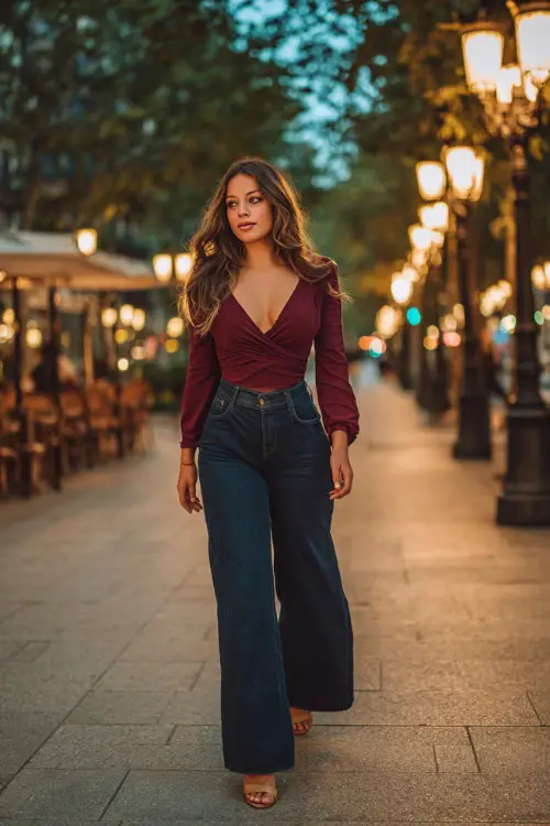 A curvy woman in high-waisted dark blue wide-leg jeans, paired with a fitted burgundy wrap top and ankle strap heels, walking past autumn streetlights on the way to dinner 