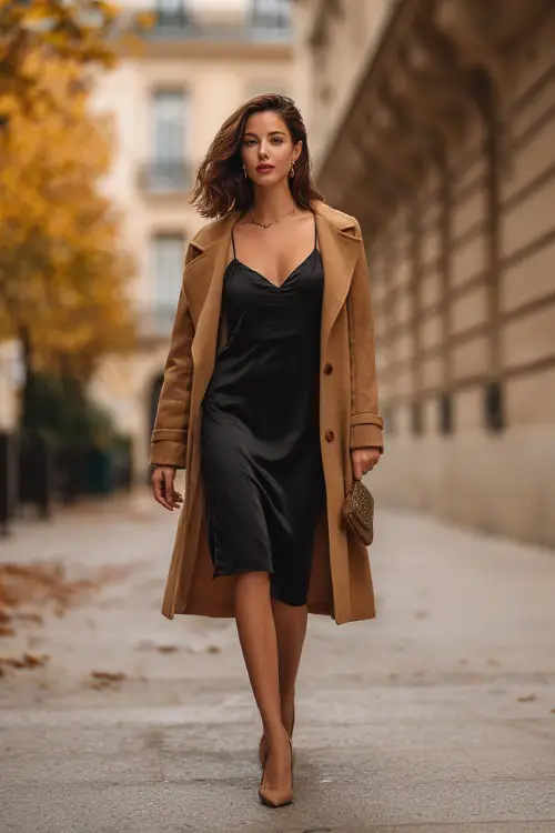 A mid-size woman in a black satin slip dress with a long camel coat draped over her shoulders, styled with pointed heels and a clutch, posing on an elegant autumn street