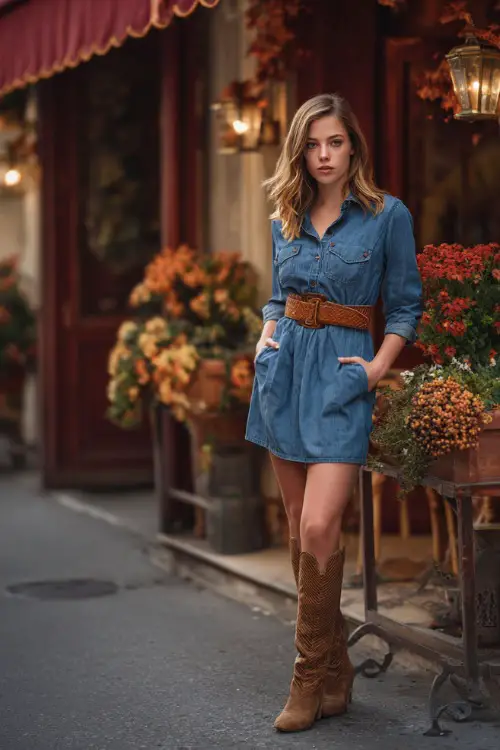 A mid-size woman in a denim shirt dress with a brown belt and knee-high boots, standing outside a cozy bistro with autumn décor 