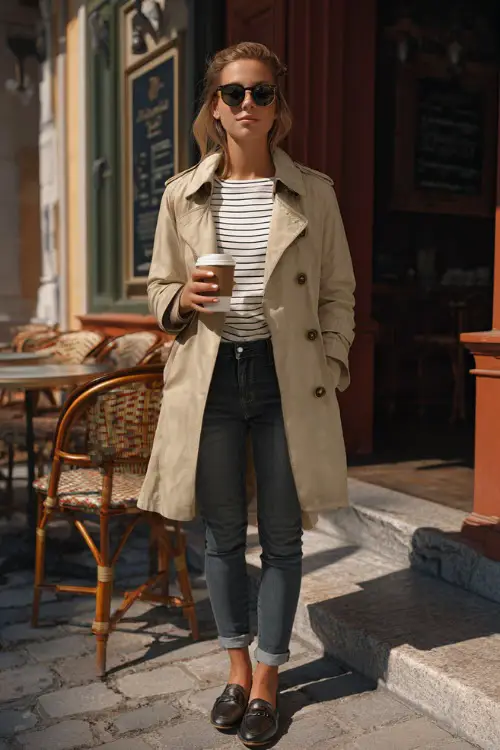 A mid-size woman in dark jeans, a beige trench coat, and a striped knit top, paired with loafers, holding a coffee cup outside a casual restaurant 
