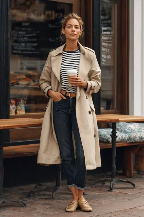 A mid-size woman in dark jeans, a beige trench coat, and a striped knit top, paired with loafers, holding a coffee cup outside a casual restaurant