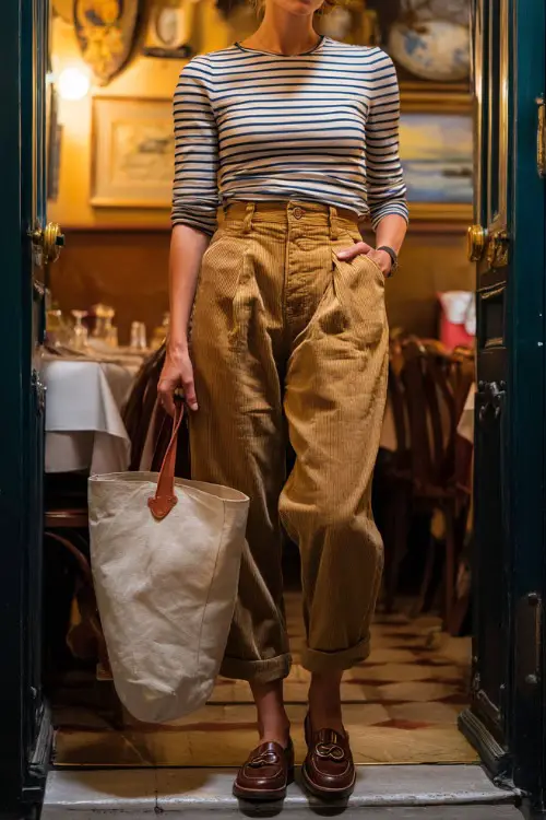 A mid-size woman in high-waisted corduroy pants, a tucked-in striped knit top, and loafers, holding a tote bag while entering a cozy dinner café 