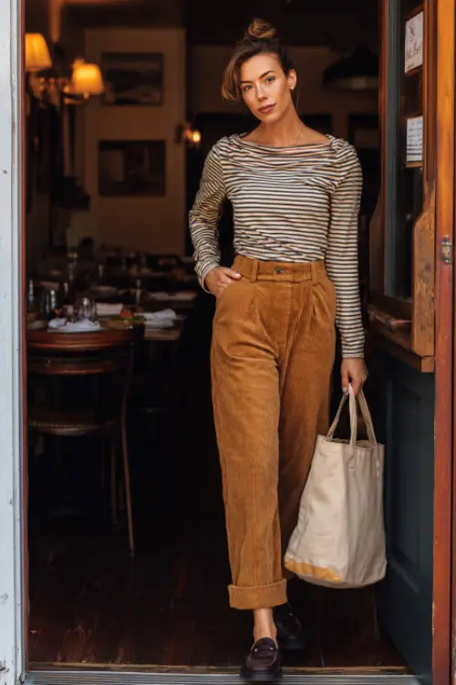 A mid-size woman in high-waisted corduroy pants, a tucked-in striped knit top, and loafers, holding a tote bag while entering a cozy dinner café