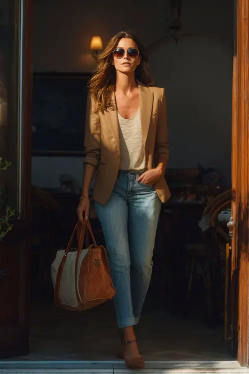 A mid-size woman in light wash jeans with a tailored camel blazer and strappy sandals, holding a tote bag while entering a trendy autumn bistro 