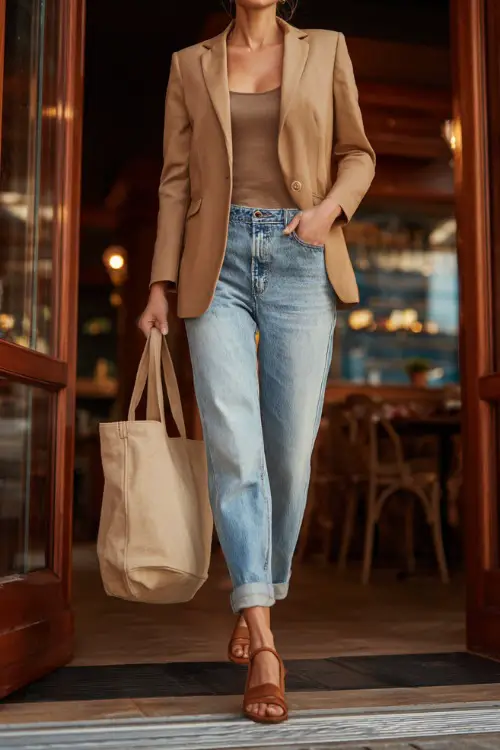 A mid-size woman in light wash jeans with a tailored camel blazer and strappy sandals, holding a tote bag while entering a trendy autumn bistro 