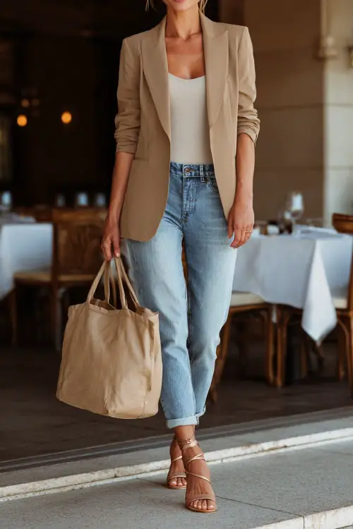 A mid-size woman in light wash jeans with a tailored camel blazer and strappy sandals, holding a tote bag while entering a trendy autumn bistro