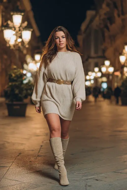 A plus-size woman in a beige knit sweater dress with a belt and knee-high boots, walking down a fall street with glowing lamps 