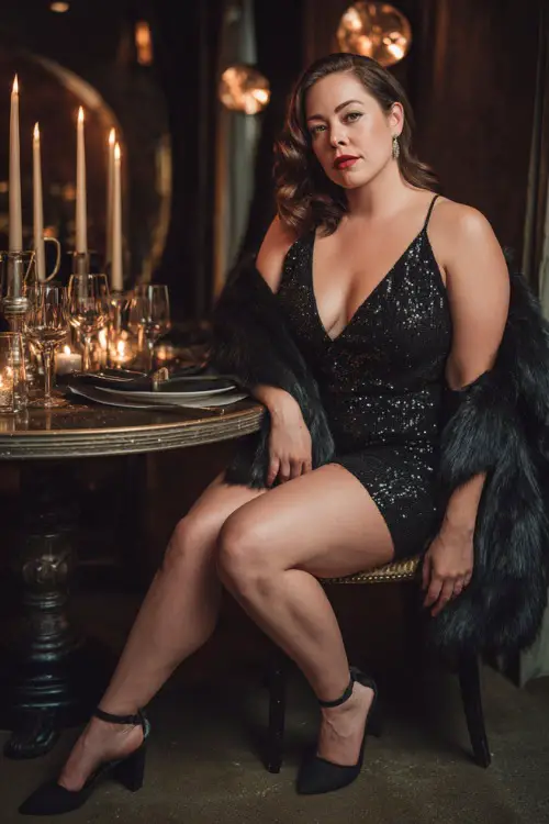 A plus-size woman in a black sequin cocktail dress with strappy heels and a faux fur stole, posing gracefully at an upscale dinner table with glowing candles