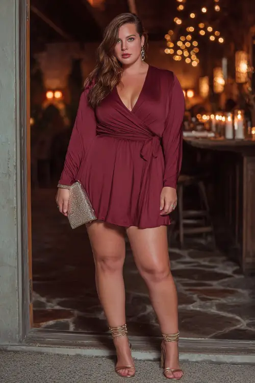 A plus-size woman in a burgundy wrap dress with long sleeves, paired with strappy block heels and a clutch, standing at a candlelit restaurant entrance