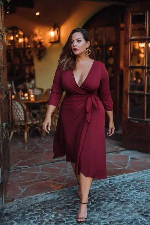 A plus-size woman in a burgundy wrap midi dress with ankle strap heels and hoop earrings, walking toward a cozy candlelit fall restaurant 