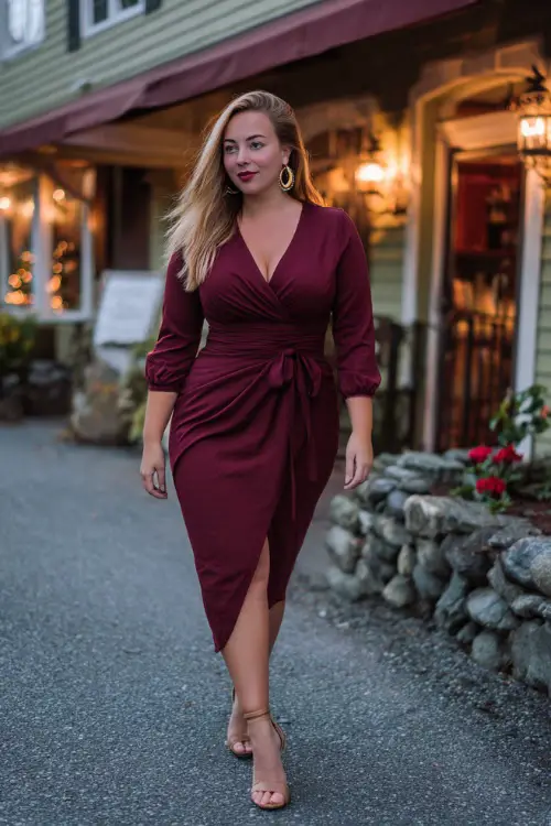 A plus-size woman in a burgundy wrap midi dress with ankle strap heels and hoop earrings, walking toward a cozy candlelit fall restaurant
