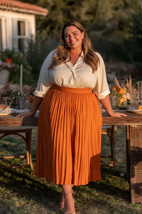 A plus-size woman in a burnt orange pleated skirt with a cream blouse tucked in and block heels, smiling at a fall dinner table outdoors, full body