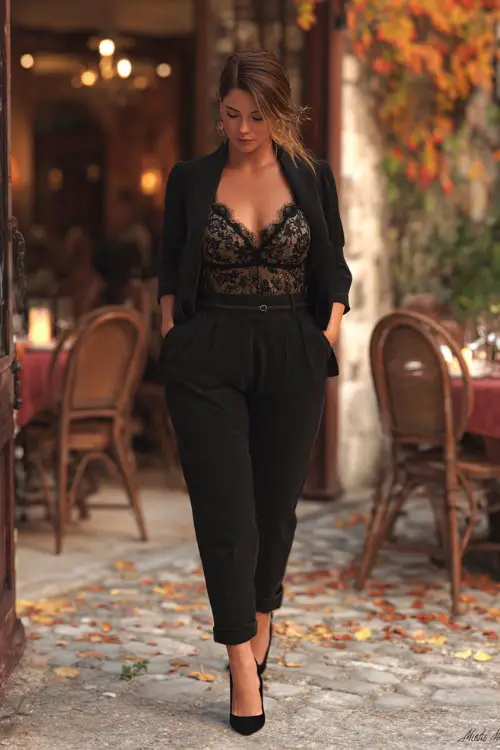 A plus-size woman in a chic black pantsuit with a lace camisole and pointed heels, walking confidently toward a dinner restaurant with autumn leaves on the ground
