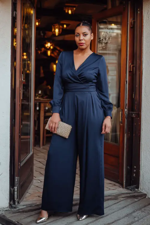 A plus-size woman in a chic navy blue jumpsuit with wide legs, accessorized with metallic heels and a clutch, standing at the entrance of a trendy autumn bistro 
