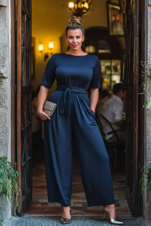 A plus-size woman in a chic navy blue jumpsuit with wide legs, accessorized with metallic heels and a clutch, standing at the entrance of a trendy autumn bistro