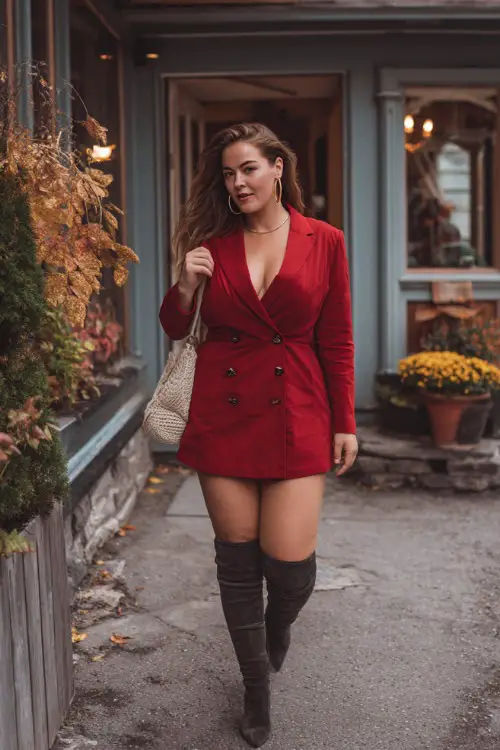 A plus-size woman in a chic red blazer mini dress with over-the-knee boots and hoop earrings, walking into a modern bistro with autumn street décor 