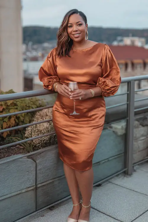 A plus-size woman in a copper satin midi dress with puff sleeves, styled with gold jewelry and block heels, holding a glass of wine at a rooftop dinner terrace in the fall 