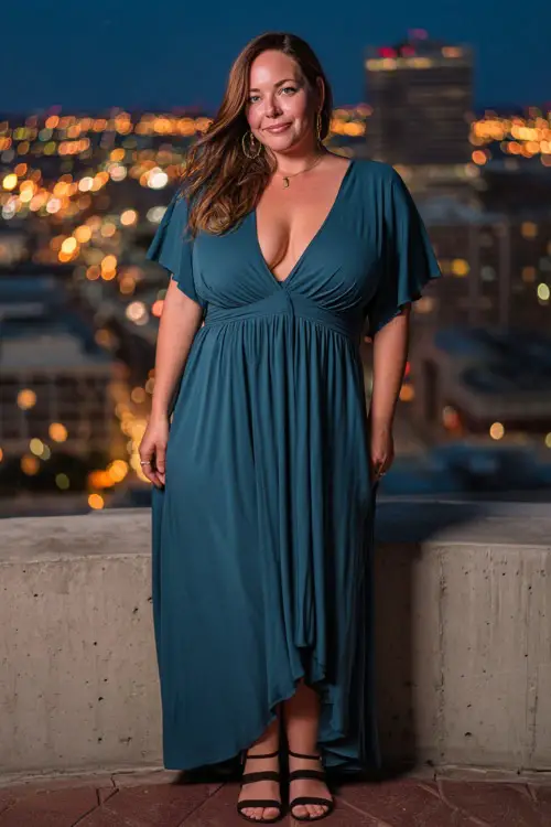 A plus-size woman in a dark teal maxi dress with flutter sleeves and strappy sandals, posing against a backdrop of glowing city lights after dinner 