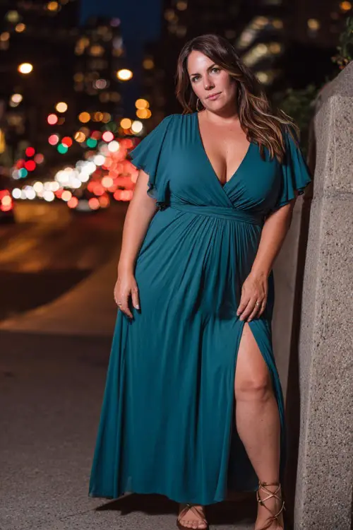 A plus-size woman in a dark teal maxi dress with flutter sleeves and strappy sandals, posing against a backdrop of glowing city lights after dinner