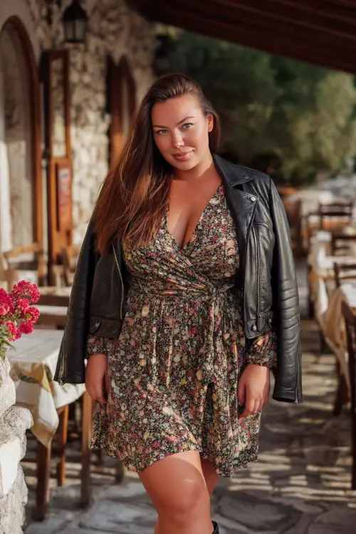 A plus-size woman in a floral wrap dress with long sleeves, paired with ankle boots and a leather jacket draped over her shoulders, posing near a romantic outdoor terrace 