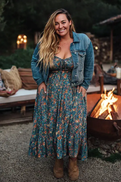 A plus-size woman in a flowy floral midi dress with a cropped denim jacket and ankle boots, smiling while standing near an outdoor fall firepit lounge 