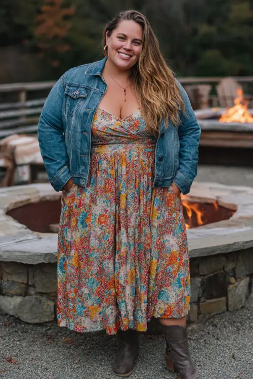 A plus-size woman in a flowy floral midi dress with a cropped denim jacket and ankle boots, smiling while standing near an outdoor fall firepit lounge