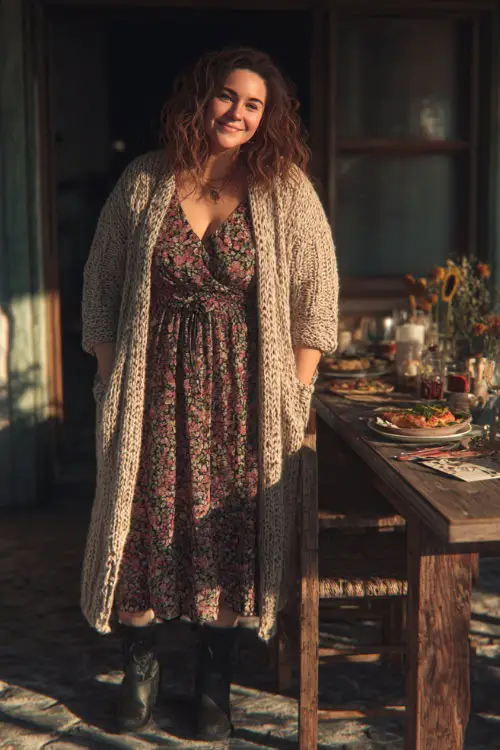 A plus-size woman in a long cardigan layered over a floral midi dress with ankle boots, smiling at a cozy outdoor fall dinner spot 