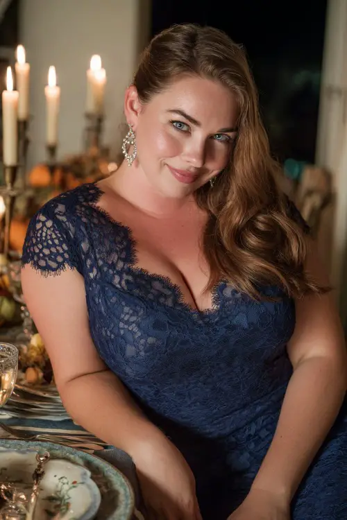 A plus-size woman in a midnight blue lace midi dress with crystal earrings and metallic heels, smiling at a candlelit dinner table with autumn décor