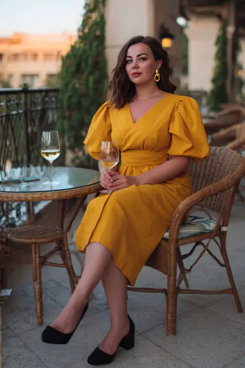 A plus-size woman in a mustard yellow midi dress with puff sleeves, paired with black block heels and hoop earrings, holding a wine glass at a terrace dinner