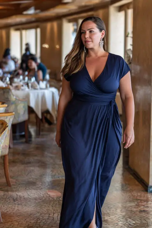A plus-size woman in a navy blue maxi dress with a wrap design, paired with silver earrings and heeled sandals, walking into a fine dining restaurant 