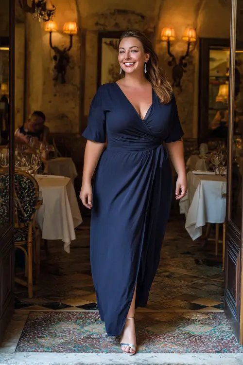 A plus-size woman in a navy blue maxi dress with a wrap design, paired with silver earrings and heeled sandals, walking into a fine dining restaurant