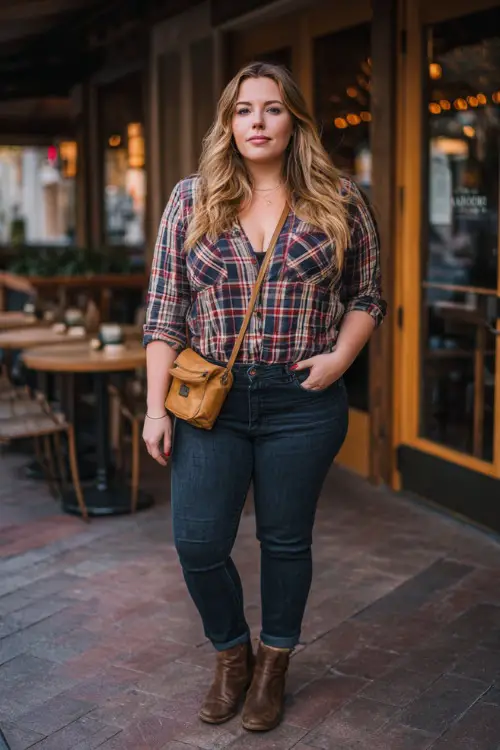 A plus-size woman in a plaid button-down shirt tucked into dark jeans, styled with ankle boots and a crossbody bag, standing in front of a casual fall restaurant 