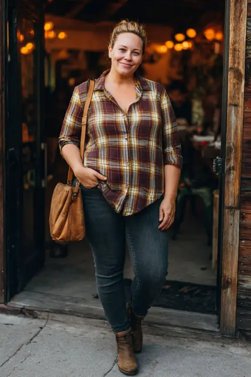 A plus-size woman in a plaid button-down shirt tucked into dark jeans, styled with ankle boots and a crossbody bag, standing in front of a casual fall restaurant