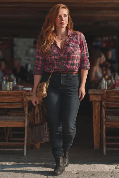 A plus-size woman in a plaid button-down shirt tucked into dark jeans, styled with ankle boots and a crossbody bag, standing in front of a casual fall restaurant