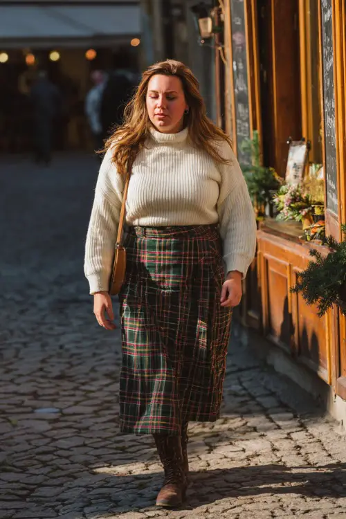 A plus-size woman in a plaid midi skirt with a cream knit turtleneck tucked in, paired with ankle boots and a crossbody bag, walking past a glowing fall café 