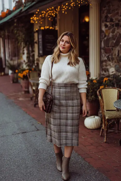 A plus-size woman in a plaid midi skirt with a cream knit turtleneck tucked in, paired with ankle boots and a crossbody bag, walking past a glowing fall café