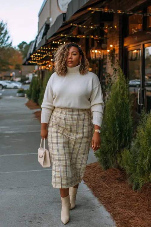 A plus-size woman in a plaid midi skirt with a cream knit turtleneck tucked in, paired with ankle boots and a crossbody bag, walking past a glowing fall café