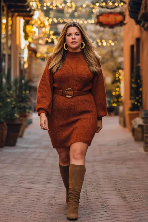 A plus-size woman in a rust-colored knit sweater dress cinched with a belt, styled with knee-high boots and hoop earrings 