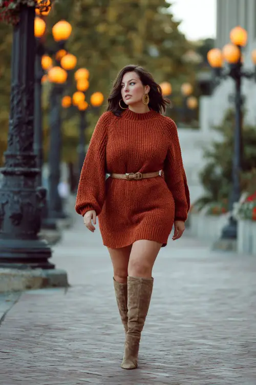 A plus-size woman in a rust-colored knit sweater dress cinched with a belt, styled with knee-high boots and hoop earrings 