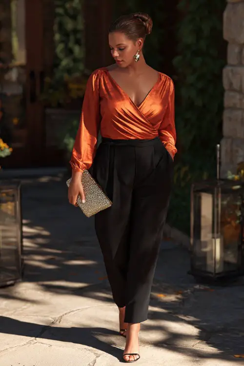 A plus-size woman in a rust-colored satin wrap top with black tailored pants and heels, carrying a metallic clutch while walking through an autumn courtyard